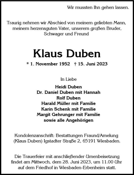 Traueranzeige von Klaus Duben von Wiesbadener Kurier