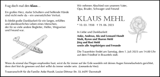 Traueranzeige von Klaus Mehl von Wetzlarer Neue Zeitung