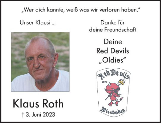 Traueranzeige von Klaus Roth von Wiesbadener Kurier