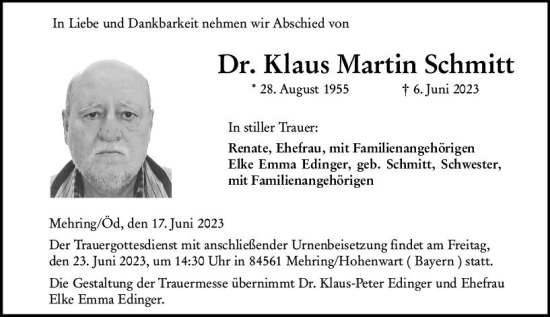 Traueranzeige von Klaus Martin Schmitt von Allgemeine Zeitung Alzey