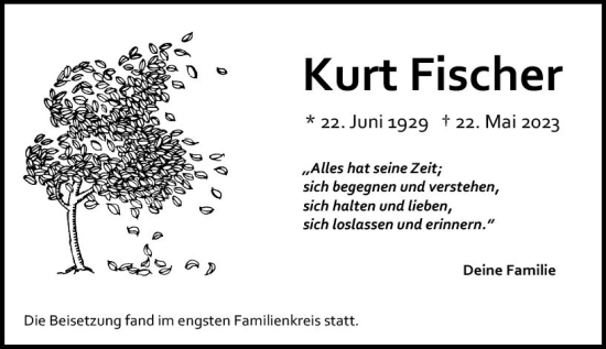Traueranzeige von Kurt Fischer von Allgemeine Zeitung Mainz