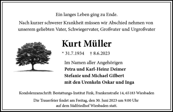 Traueranzeige von Kurt Müller von Wiesbadener Kurier