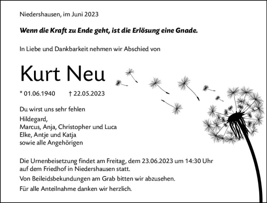 Traueranzeige von Kurt Neu von Weilburger Tageblatt