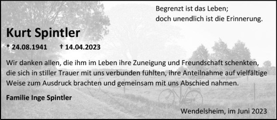 Traueranzeige von Kurt Spintler von Allgemeine Zeitung Alzey