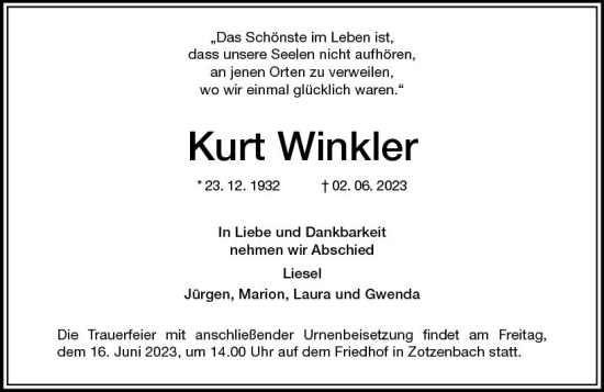 Traueranzeige von Kurt Winkler von Starkenburger Echo