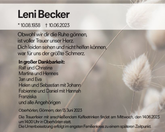 Traueranzeige von Leni Becker von Hinterländer Anzeiger
