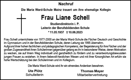 Traueranzeige von Liane Schell von Allgemeine Zeitung Mainz