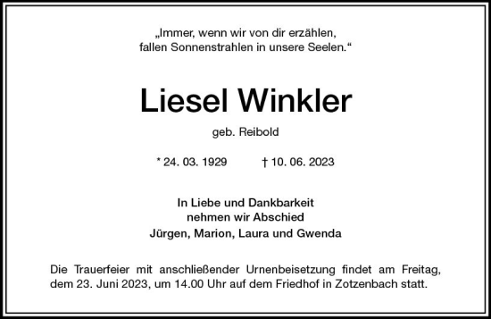 Traueranzeige von Liesel Winkler von Starkenburger Echo