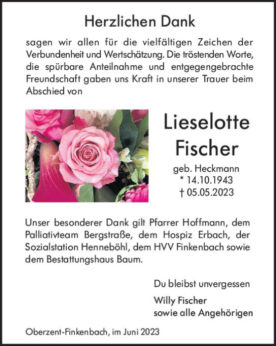 Traueranzeige von Lieselotte Fischer von Odenwälder Echo