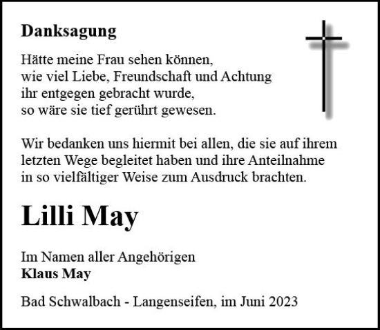 Traueranzeige von Lilli May von Idsteiner Land/Untertaunus