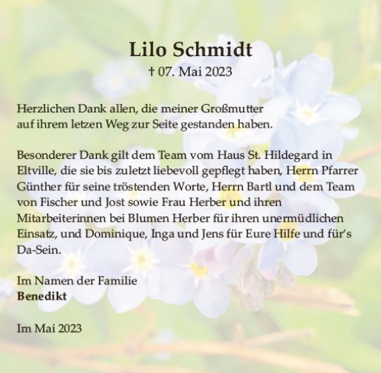 Traueranzeige von Lilo Schmidt von Wiesbadener Kurier