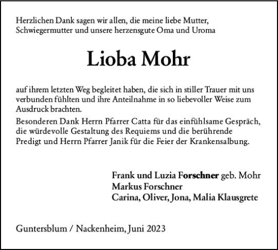 Traueranzeige von Lioba Mohr von Allgemeine Zeitung Mainz