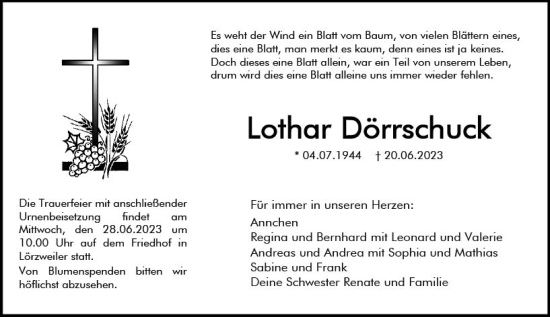 Traueranzeige von Lothar Dörrschuck von Allgemeine Zeitung Mainz