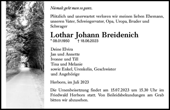 Traueranzeige von Lothar Johann Breidenich von Dill Block
