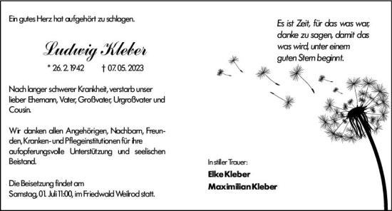 Traueranzeige von Ludwig Kleber von Weilburger Tageblatt