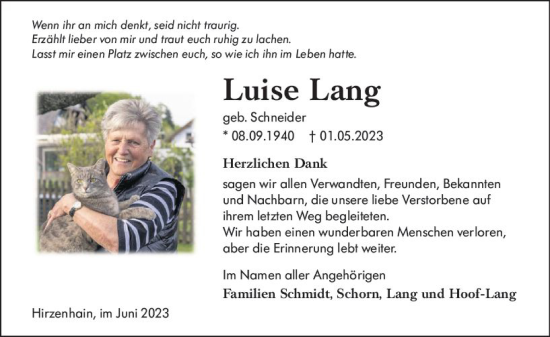 Traueranzeige von Luise Lang von Hinterländer Anzeiger
