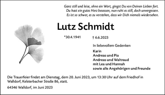 Traueranzeige von Lutz Schmidt von Rüsselsheimer Echo