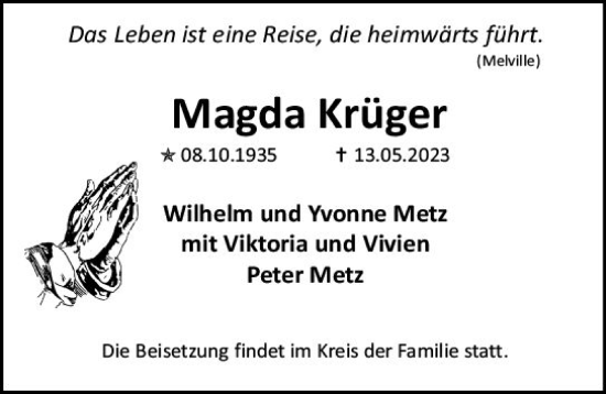 Traueranzeige von Magda Krüger von Allgemeine Zeitung Mainz