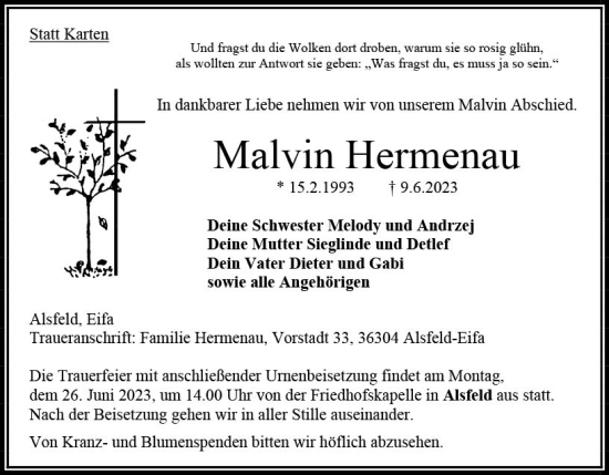 Traueranzeige von Malvin Hermenau von VRM Trauer
