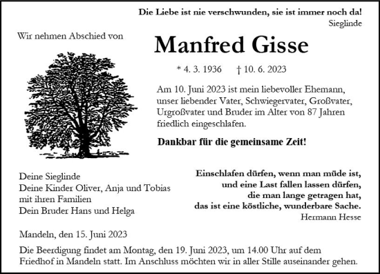 Traueranzeige von Manfred Gisse von Dill Block