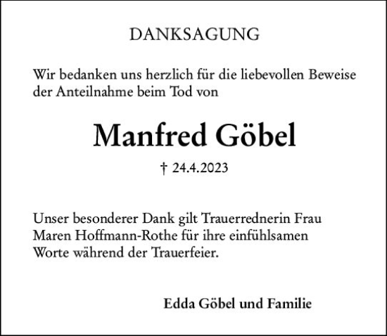 Traueranzeige von Manfred Göbel von Wetzlarer Neue Zeitung