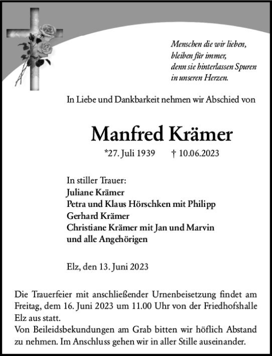 Traueranzeige von Manfred Krämer von Nassauische Neue Presse