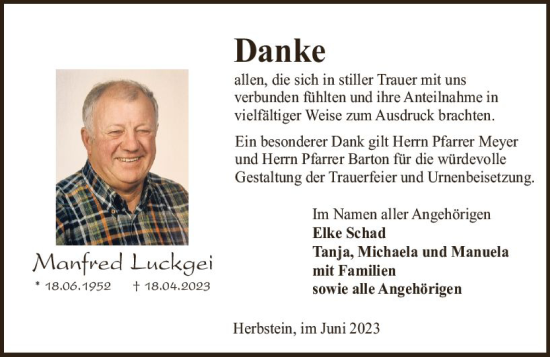 Traueranzeige von Manfred Luckgei von Oberhessen Kurier
