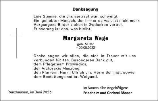 Traueranzeige von Margareta Wege von Hinterländer Anzeiger