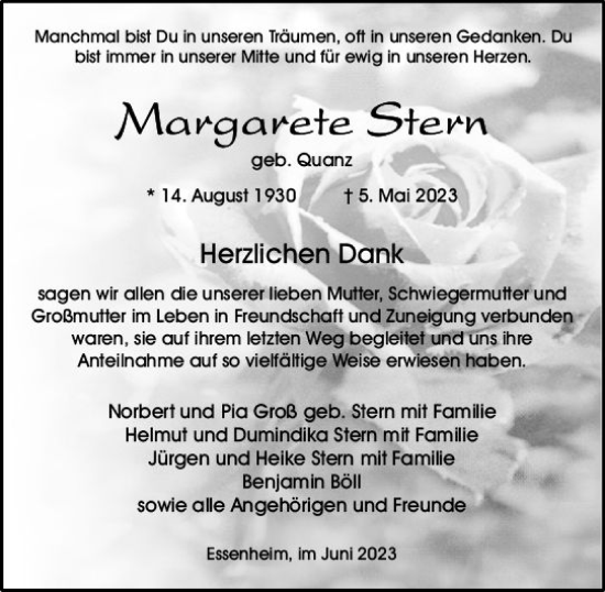 Traueranzeige von Margarete Stern von Allgemeine Zeitung Mainz