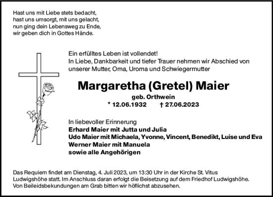 Traueranzeige von Margaretha Gretel Maier von Allgemeine Zeitung Mainz