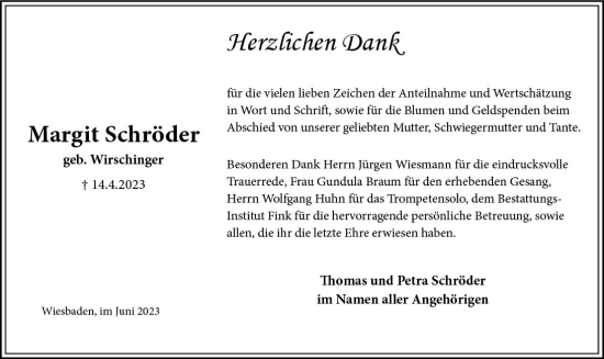 Traueranzeige von Margit Schröder von Wiesbadener Kurier