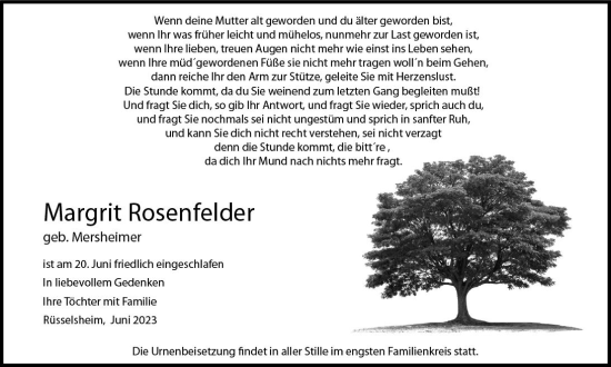 Traueranzeige von Margrit Rosenfelder von Rüsselsheimer Echo