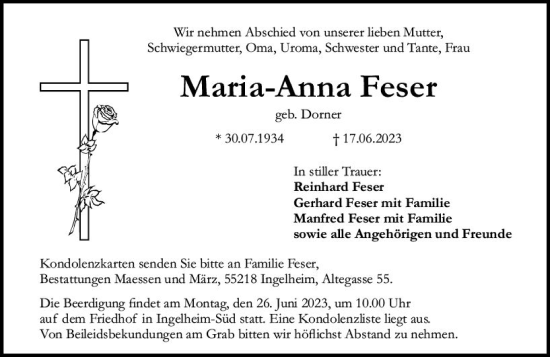 Traueranzeige von Maria-Anna Feser von Allgemeine Zeitung Bingen/Ingelheim