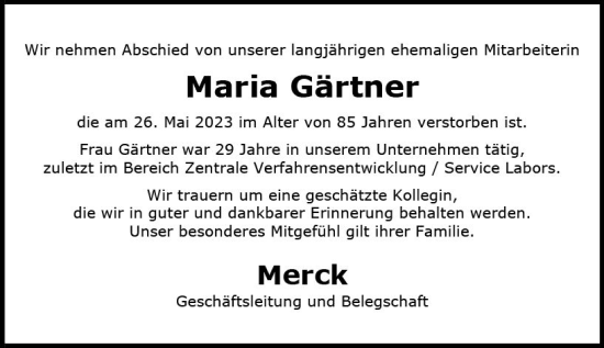 Traueranzeige von Maria Gärtner von Darmstädter Echo
