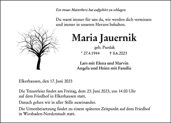 Traueranzeige von Maria Jauernik von Weilburger Tageblatt