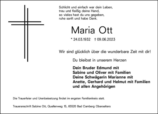 Traueranzeige von Maria Ott von Camberger Anzeiger