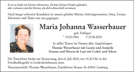 Traueranzeige von Maria Johanna Wasserbauer von Nassauische Neue Presse