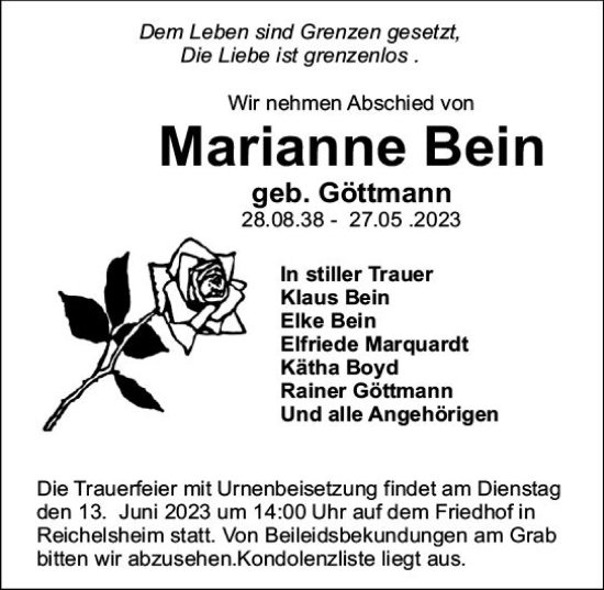 Traueranzeige von Marianne Bein von Odenwälder Echo