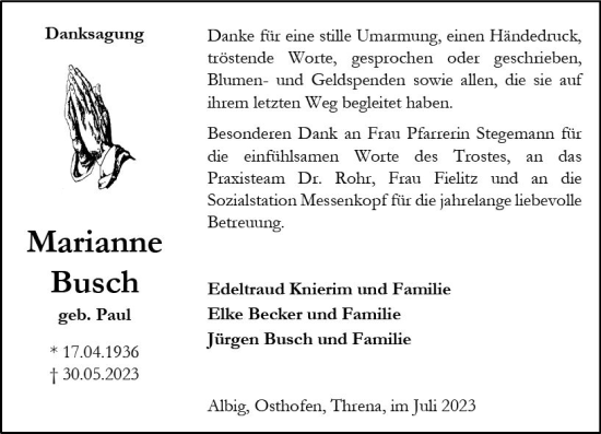 Traueranzeige von Marianne Busch von Allgemeine Zeitung Alzey