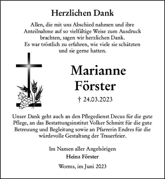 Traueranzeige von Marianne Förster von Wormser Zeitung