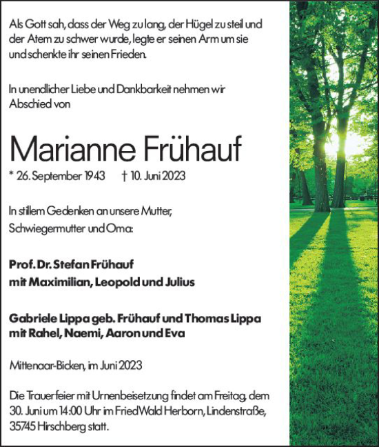 Traueranzeige von Marianne Frühauf von Dill Block
