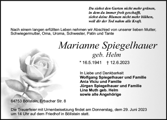 Traueranzeige von Marianne Spiegelhauer von Odenwälder Echo