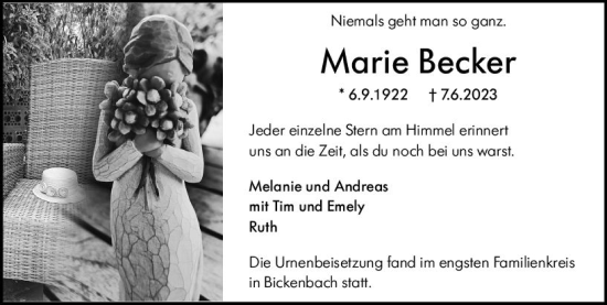 Traueranzeige von Marie Becker von Darmstädter Echo