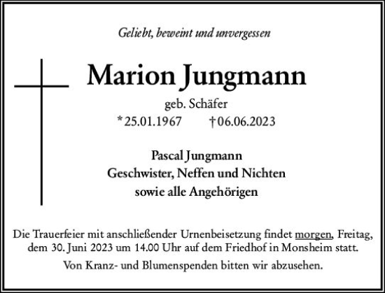 Traueranzeige von Marion Jungmann von Wormser Zeitung