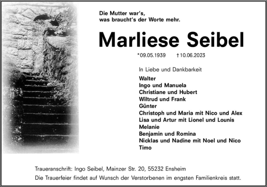 Traueranzeige von Marliese Seibel von Allgemeine Zeitung Alzey
