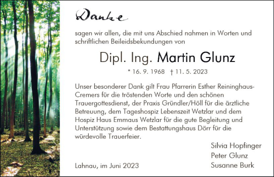 Traueranzeige von Martin Glunz von Wetzlarer Neue Zeitung