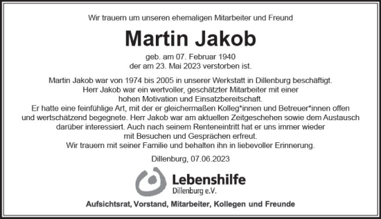 Traueranzeige von Martin Jakob von Dill Block