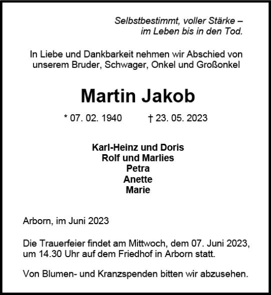 Traueranzeige von Martin Jakob von Dill Block