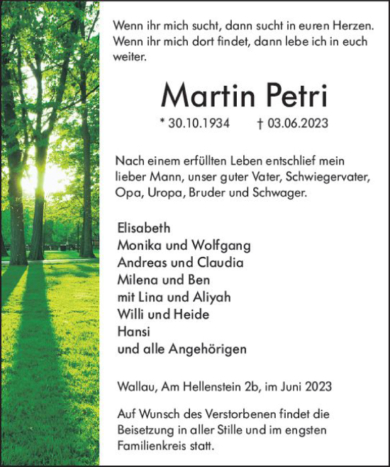 Traueranzeige von Martin Petri von Hinterländer Anzeiger