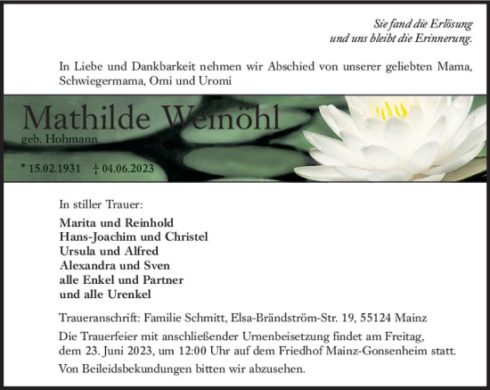 Traueranzeige von Mathilde Weinöhl von Allgemeine Zeitung Mainz